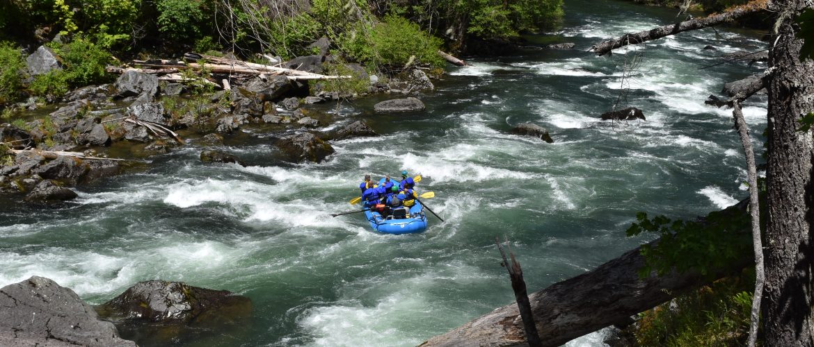rafters in the middle of class 4 pinball rapid on the North Umpqua River in Southern Oregon