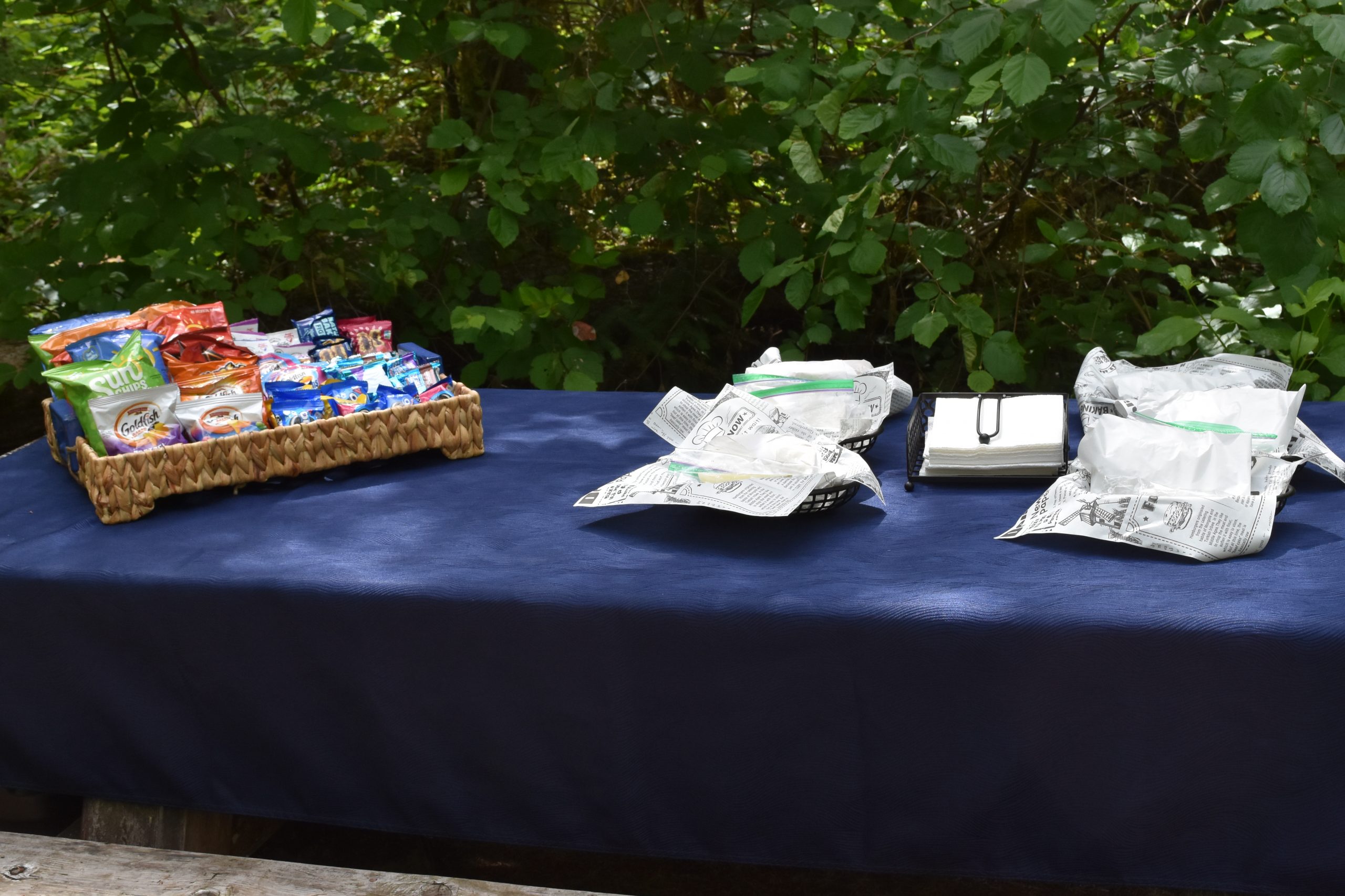 a picnic style lunch of locally sourced goodies set up in the shade for a group of hungry rafters on the North Umpqua River near crater lake in Oregon