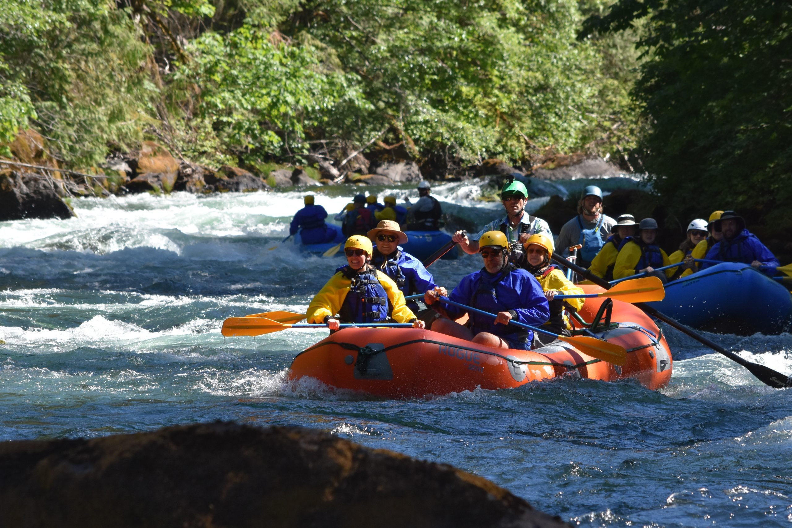 A large group of rafts on the North Umpqua River with local guides